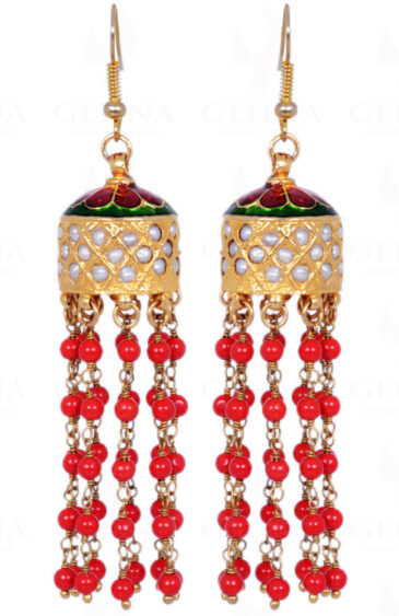Coral Gemstone Round Bead With Pearl Studded Jhumki Style Earrings LE01-1097