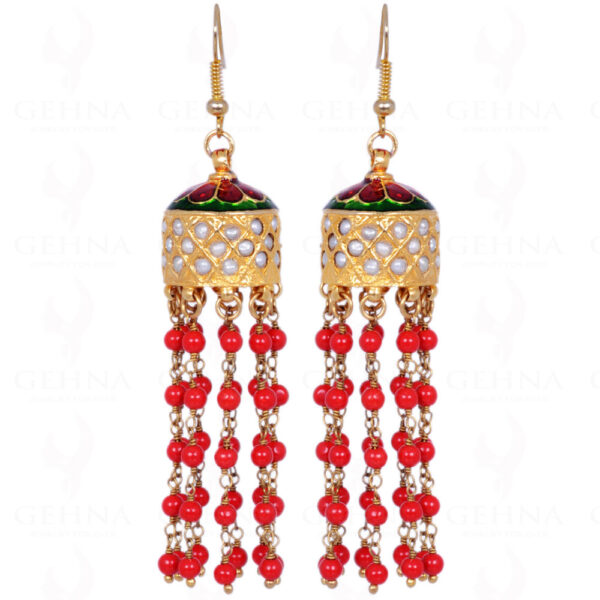 Coral Gemstone Round Bead With Pearl Studded Jhumki Style Earrings LE01-1097