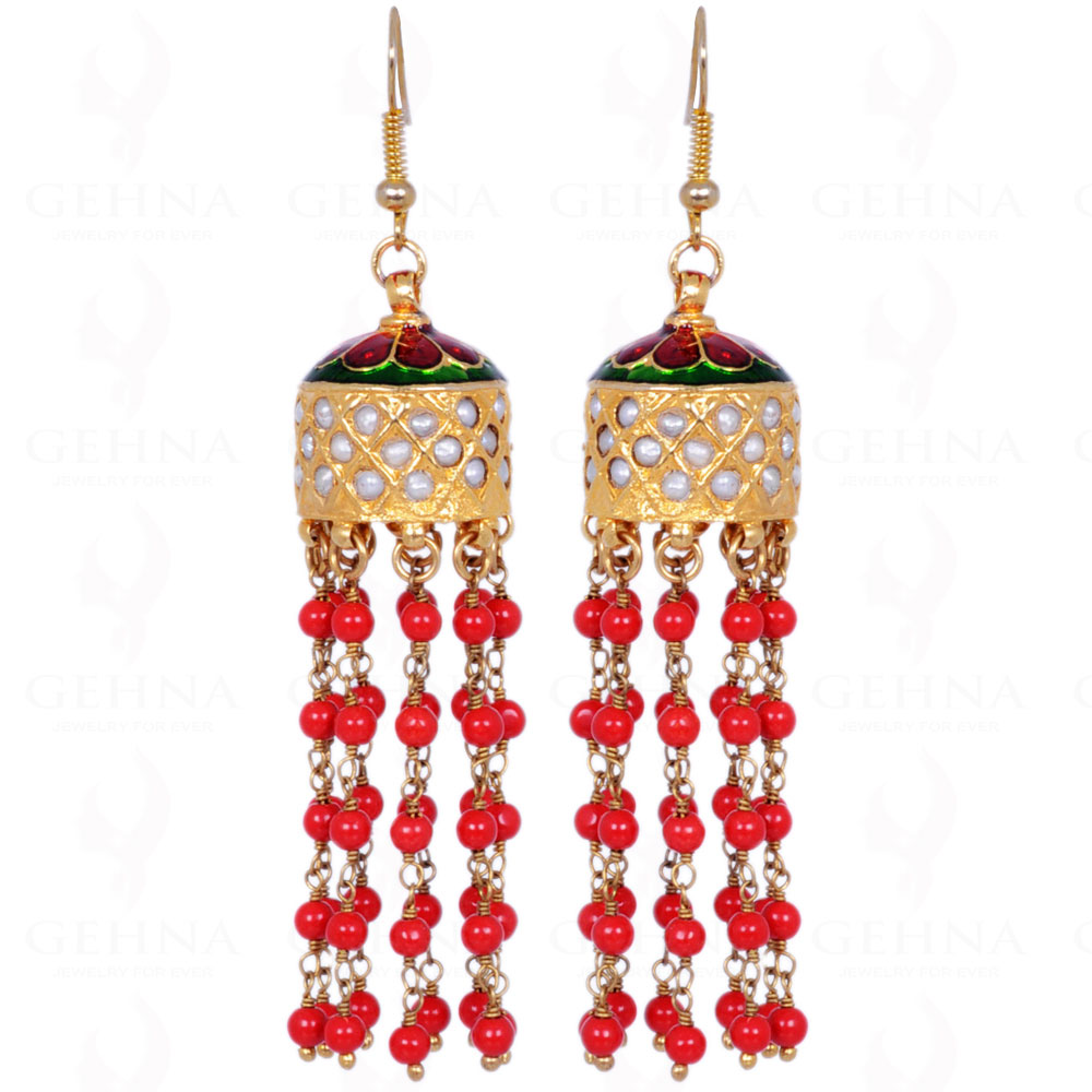 Coral Gemstone Round Bead With Pearl Studded Jhumki Style Earrings LE01-1097