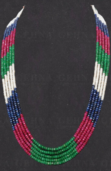 5 Rows Pearl Ruby Emerald & Sapphire Gemstone Bead Necklace NM-1097