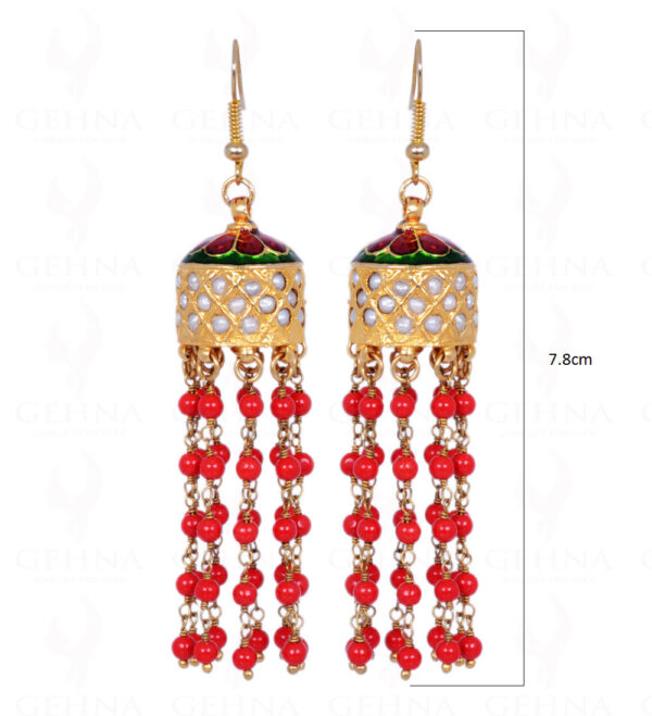 Coral Gemstone Round Bead With Pearl Studded Jhumki Style Earrings LE01-1097