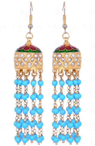 Turquoise Gemstone Round Bead With Pearl Studded Jhumki Style Earrings LE01-1098