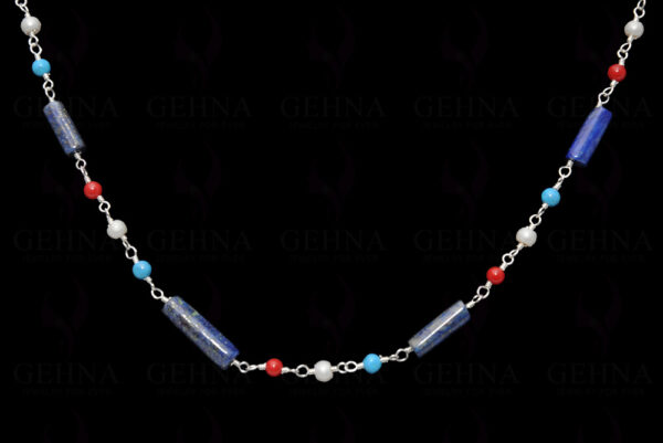 Pearl & Multicolor Gemstone Knotted Chain In .925 Sterling Silver Cm1098