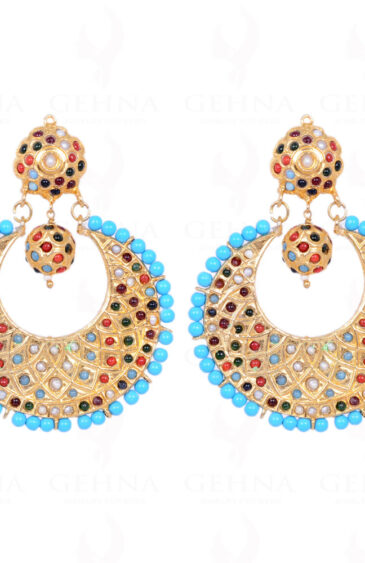 Turquoise Bead With Navaratna Stone Studded Moon Shape Earrings LE01-1099