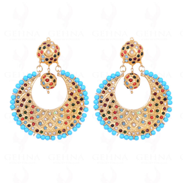 Turquoise Bead With Navaratna Stone Studded Moon Shape Earrings LE01-1099