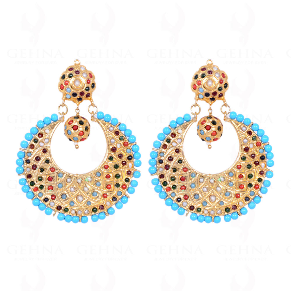 Turquoise Bead With Navaratna Stone Studded Moon Shape Earrings LE01-1099