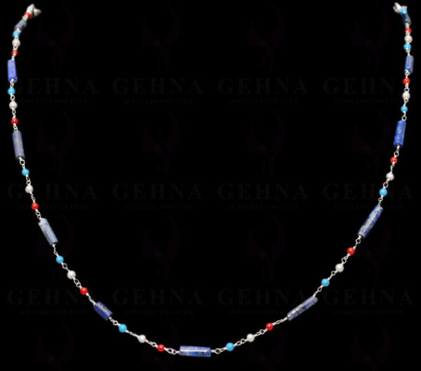 Pearl & Multicolor Gemstone Knotted Chain In .925 Sterling Silver Cm1099