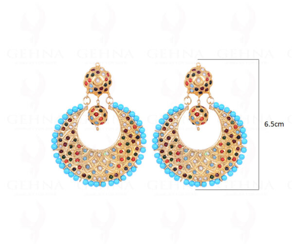 Turquoise Bead With Navaratna Stone Studded Moon Shape Earrings LE01-1099