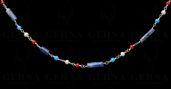 Pearl & Multicolor Gemstone Knotted Chain In .925 Sterling Silver Cm1099