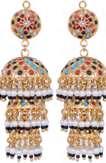 Navaratna Stone Studded Jhumki Style Chandelier Earrings LE01-1100