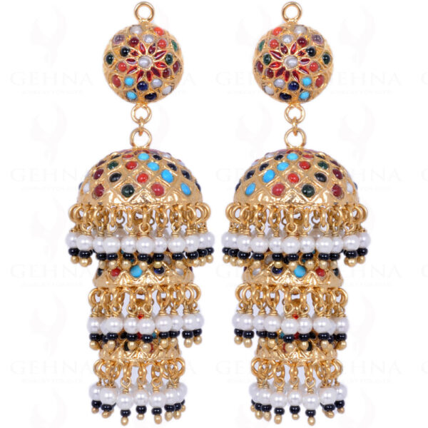 Navaratna Stone Studded Jhumki Style Chandelier Earrings LE01-1100