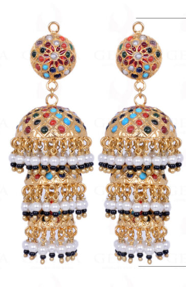 Navaratna Stone Studded Jhumki Style Chandelier Earrings LE01-1100