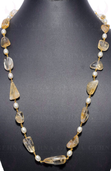 Pearl & Citrine Tumble Gemstone Knotted Chain In .925 Sterling Silver Cm1101