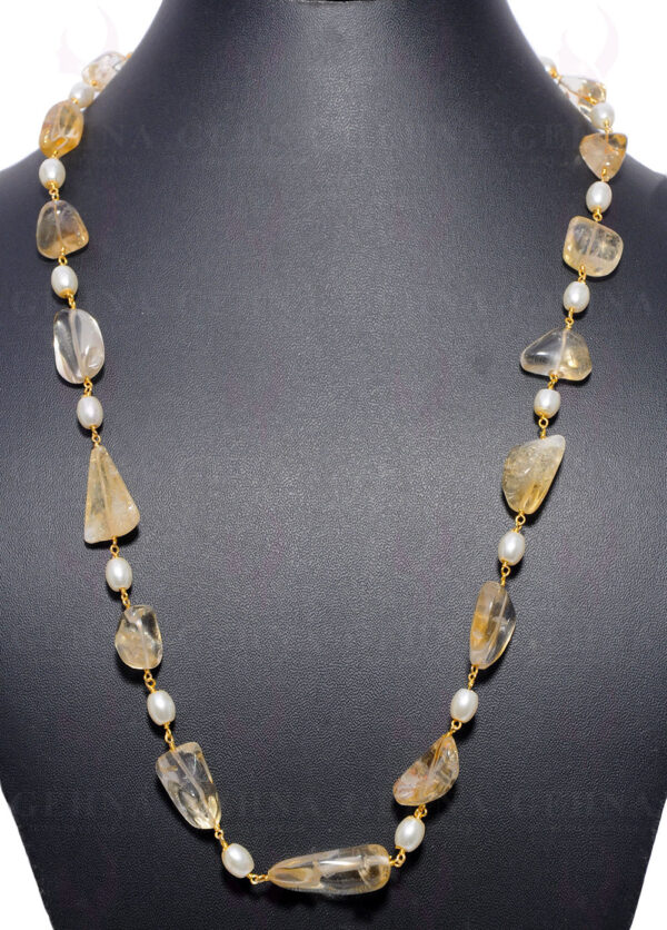 Pearl & Citrine Tumble Gemstone Knotted Chain In .925 Sterling Silver Cm1101