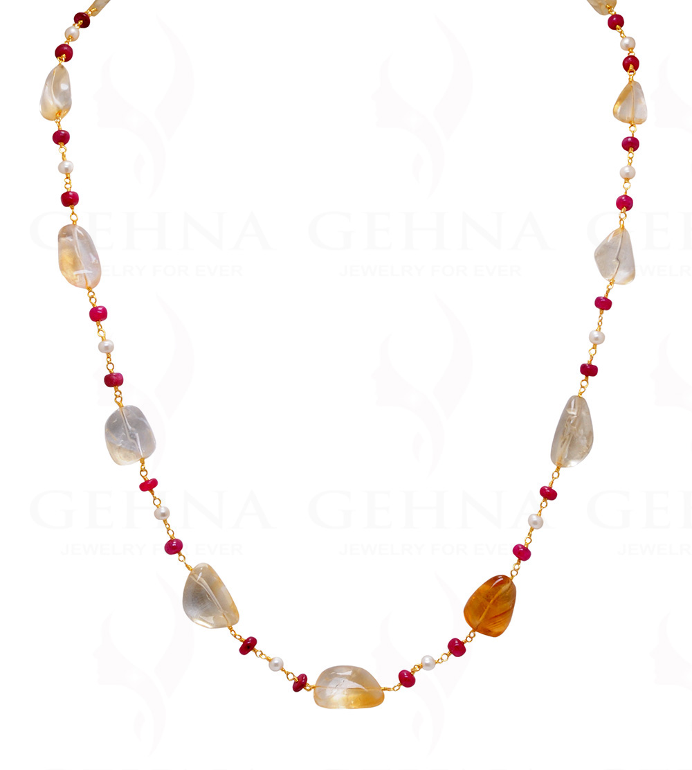 Pearl, Ruby & Citrine Gemstone Knotted Chain In .925 Sterling Silver Cm1102