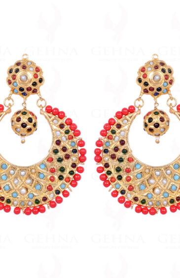 Coral Gemstone Bead With Navaratna Stone Studded Moon Shape Earrings LE01-1102