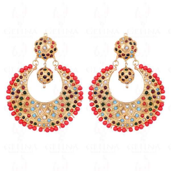 Coral Gemstone Bead With Navaratna Stone Studded Moon Shape Earrings LE01-1102