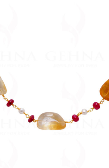 Pearl, Ruby & Citrine Gemstone Knotted Chain In .925 Sterling Silver Cm1102