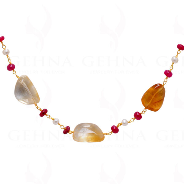 Pearl, Ruby & Citrine Gemstone Knotted Chain In .925 Sterling Silver Cm1102