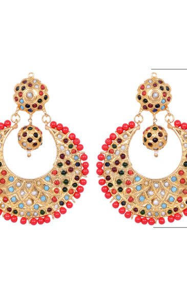 Coral Gemstone Bead With Navaratna Stone Studded Moon Shape Earrings LE01-1102