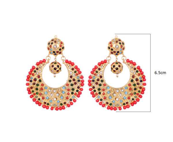 Coral Gemstone Bead With Navaratna Stone Studded Moon Shape Earrings LE01-1102