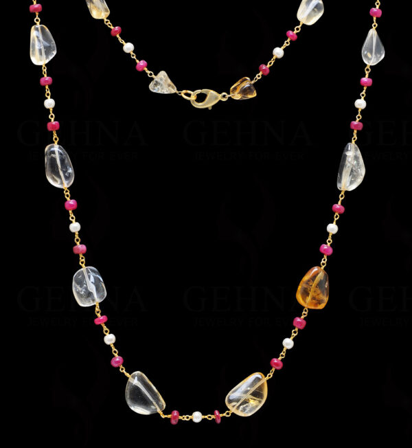 Pearl, Ruby & Citrine Gemstone Knotted Chain In .925 Sterling Silver Cm1102