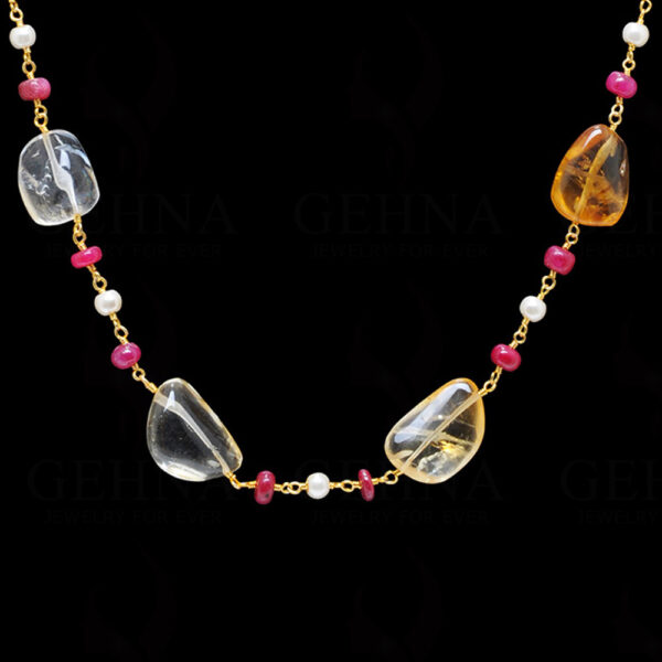 Pearl, Ruby & Citrine Gemstone Knotted Chain In .925 Sterling Silver Cm1102