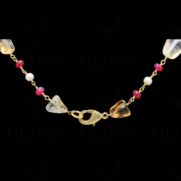 Pearl, Ruby & Citrine Gemstone Knotted Chain In .925 Sterling Silver Cm1102