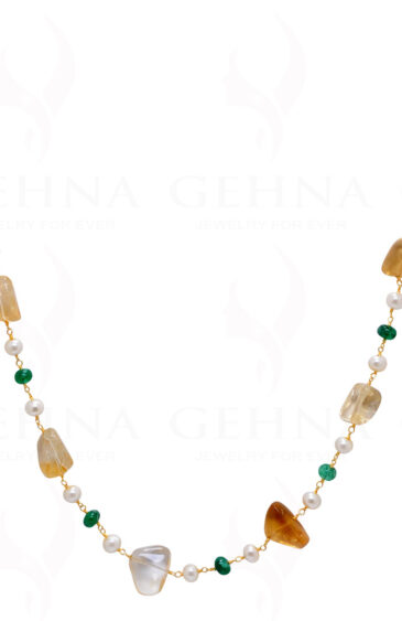 Pearl, Emerald & Citrine Gemstone Knotted Chain In .925 Sterling Silver Cm1103