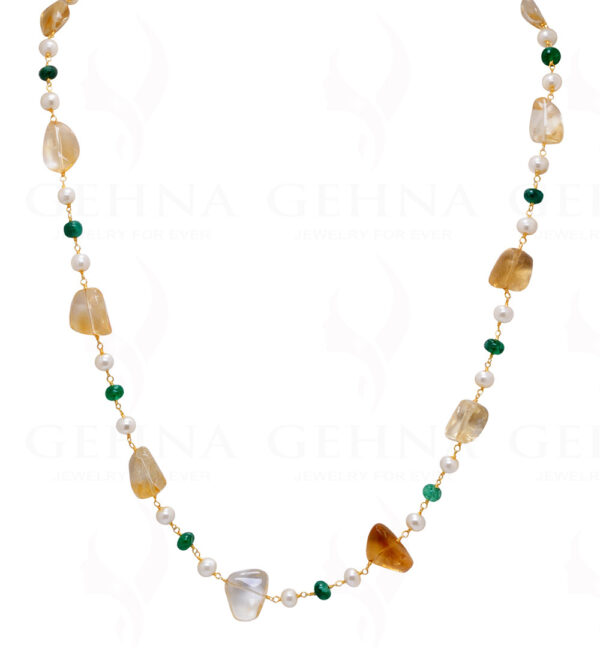 Pearl, Emerald & Citrine Gemstone Knotted Chain In .925 Sterling Silver Cm1103