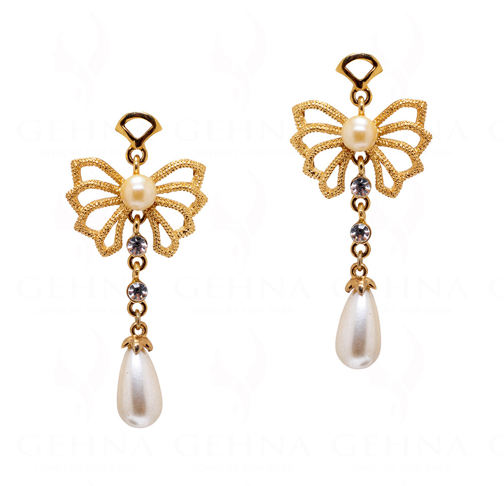 Simulated Diamond & Pearl Studded Butterfly Shape Gold Plated Earrings FE-1103