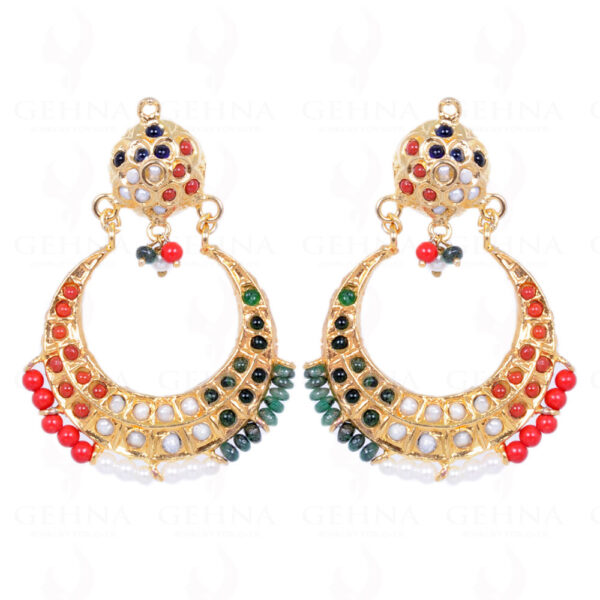 Pearl, Emerald & Coral Bead With Stone Studded Moon Shape Earrings LE01-1103