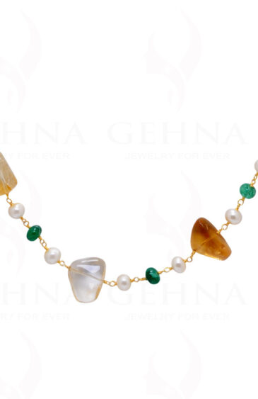 Pearl, Emerald & Citrine Gemstone Knotted Chain In .925 Sterling Silver Cm1103