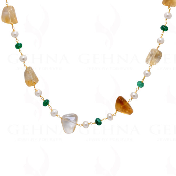 Pearl, Emerald & Citrine Gemstone Knotted Chain In .925 Sterling Silver Cm1103