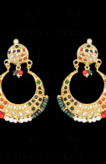 Pearl, Emerald & Coral Bead With Stone Studded Moon Shape Earrings LE01-1103