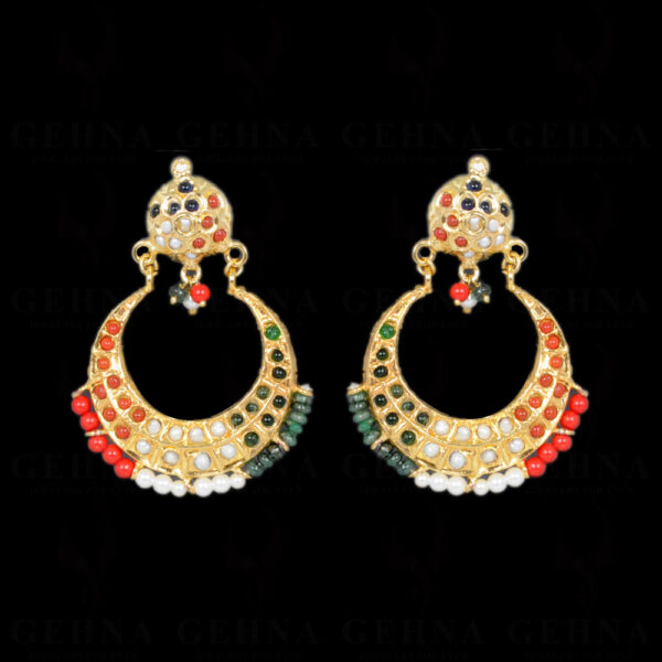 Pearl, Emerald & Coral Bead With Stone Studded Moon Shape Earrings LE01-1103