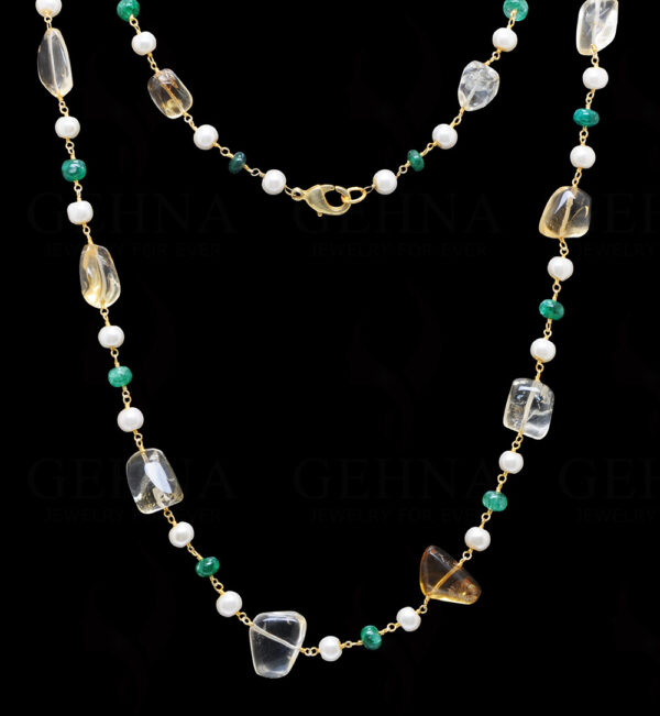 Pearl, Emerald & Citrine Gemstone Knotted Chain In .925 Sterling Silver Cm1103