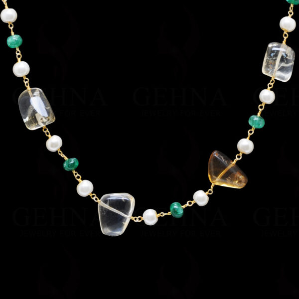 Pearl, Emerald & Citrine Gemstone Knotted Chain In .925 Sterling Silver Cm1103