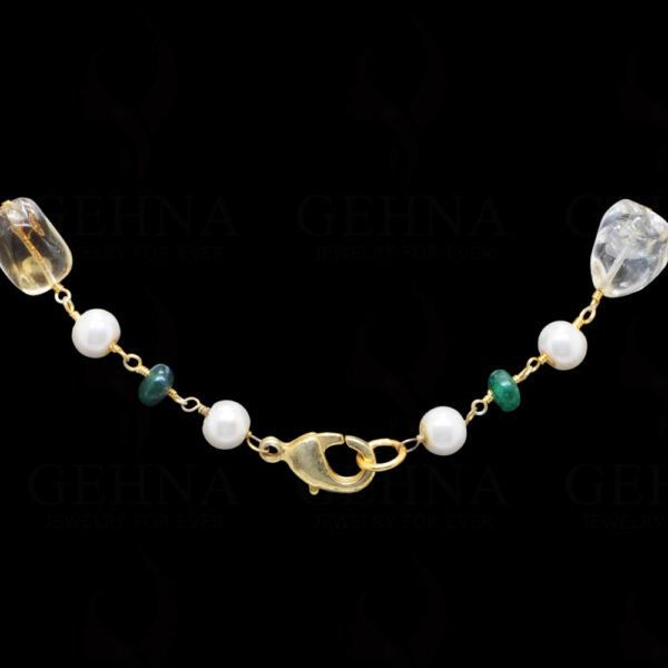 Pearl, Emerald & Citrine Gemstone Knotted Chain In .925 Sterling Silver Cm1103