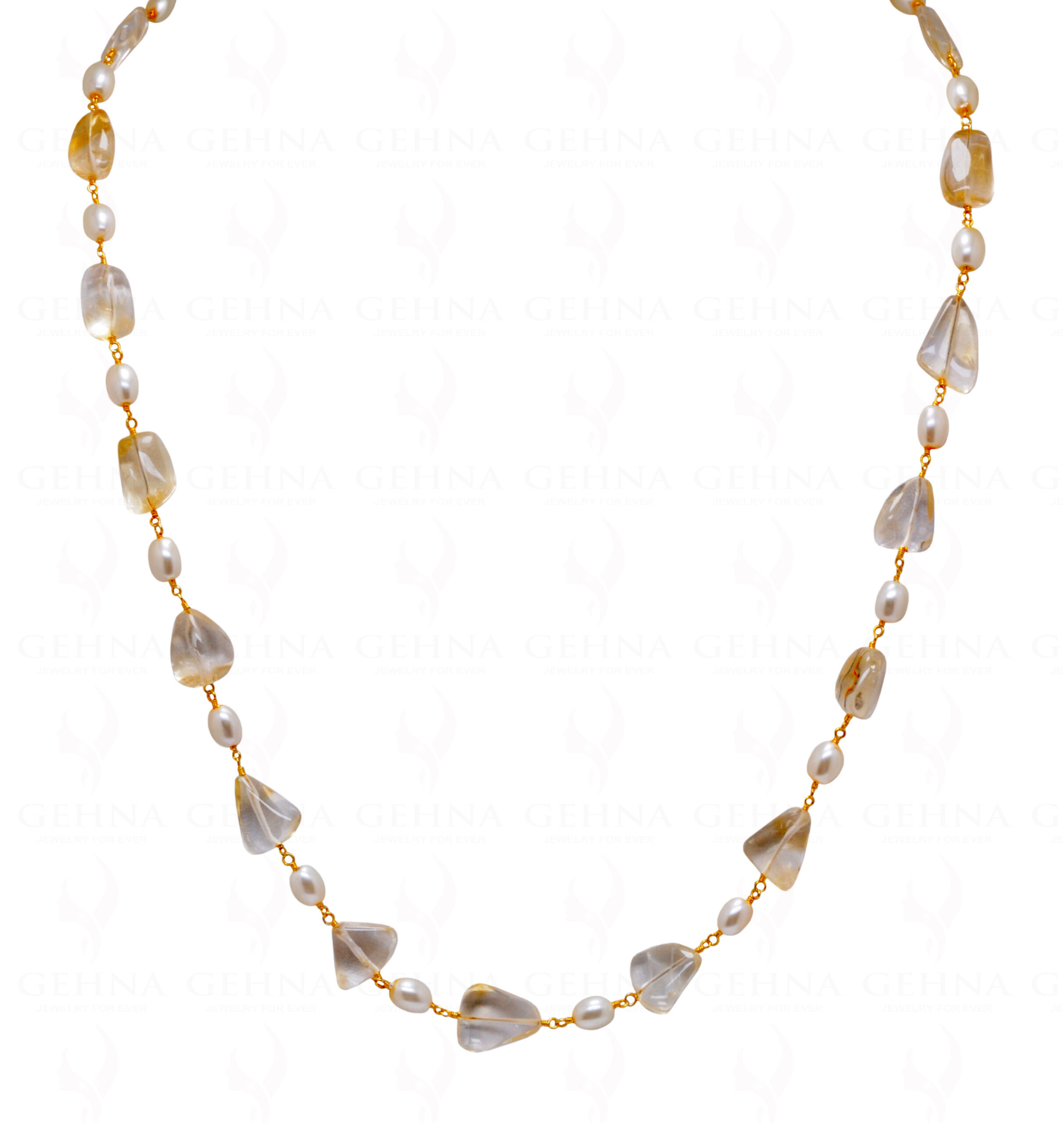 Pearl & Citrine Tumble Gemstone Knotted Chain In .925 Sterling Silver Cm1104