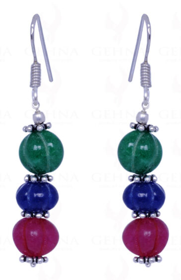 Emerald, Ruby & Sapphire Gemstone Melon Shape Earrings Made In Silver ES-1104