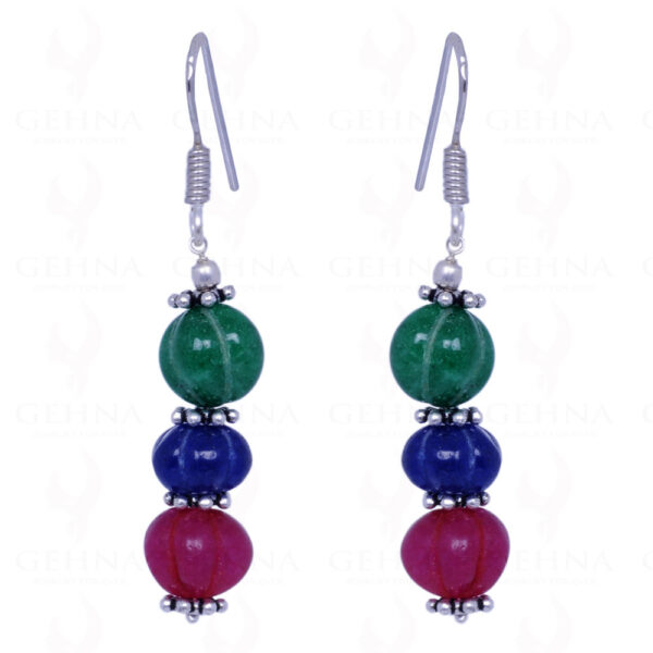 Emerald, Ruby & Sapphire Gemstone Melon Shape Earrings Made In Silver ES-1104