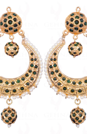 Pearl Bead With Emerald Stone Studded Moon Shape Earrings LE01-1104