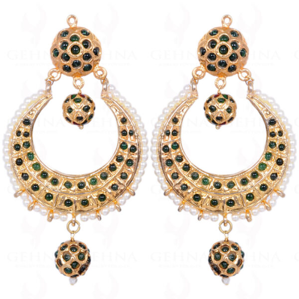 Pearl Bead With Emerald Stone Studded Moon Shape Earrings LE01-1104