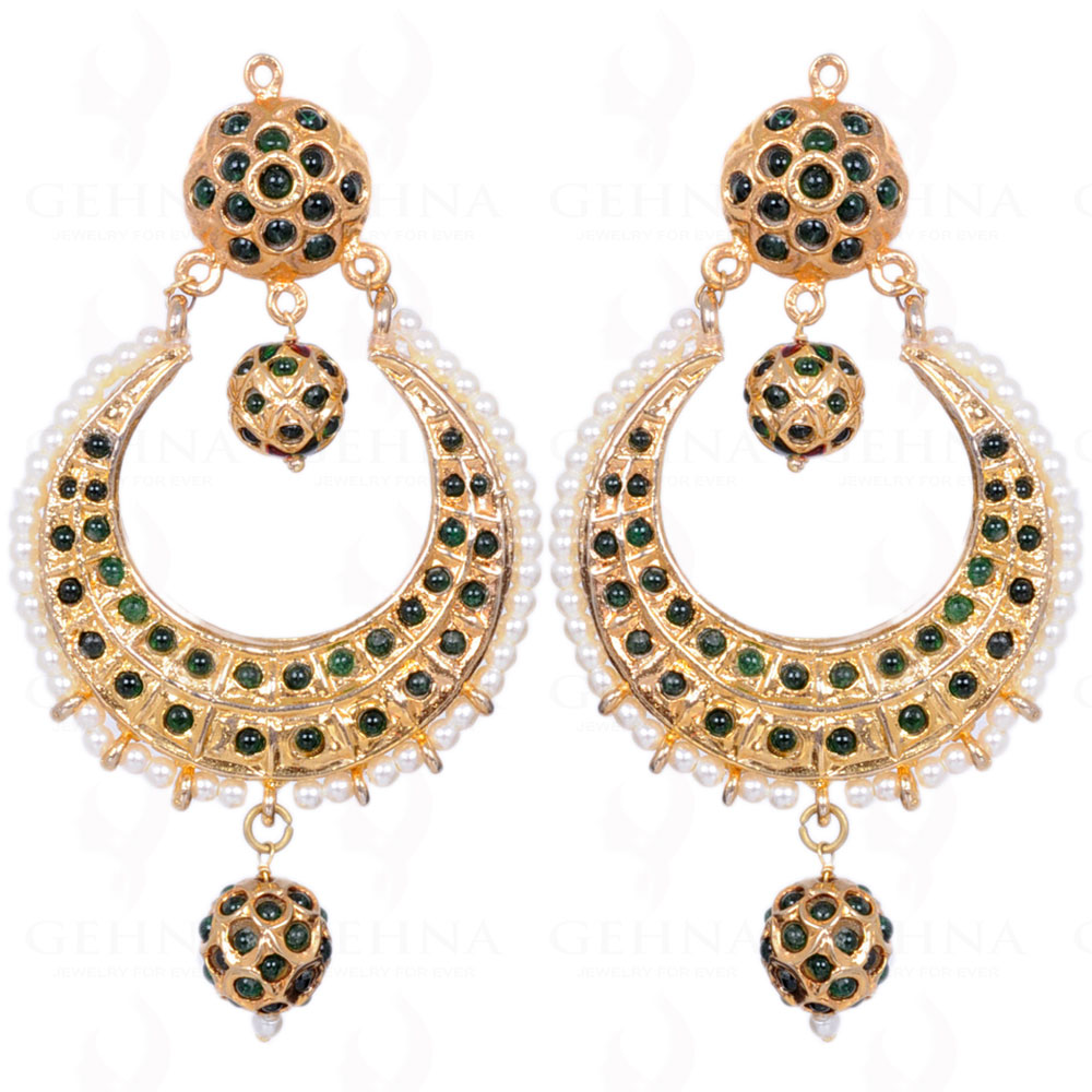 Pearl Bead With Emerald Stone Studded Moon Shape Earrings LE01-1104