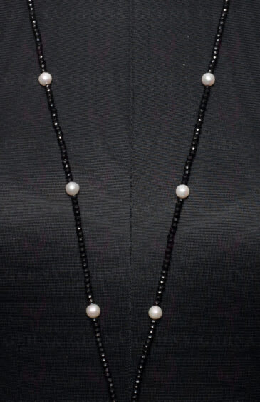 Pearl & Black Spinel Gemstone Faceted Bead Necklace NM-1104