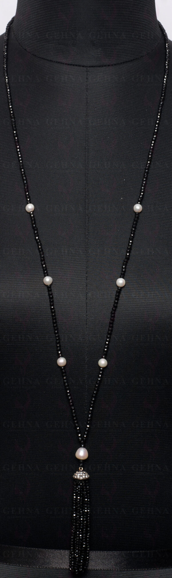 Pearl & Black Spinel Gemstone Faceted Bead Necklace NM-1104