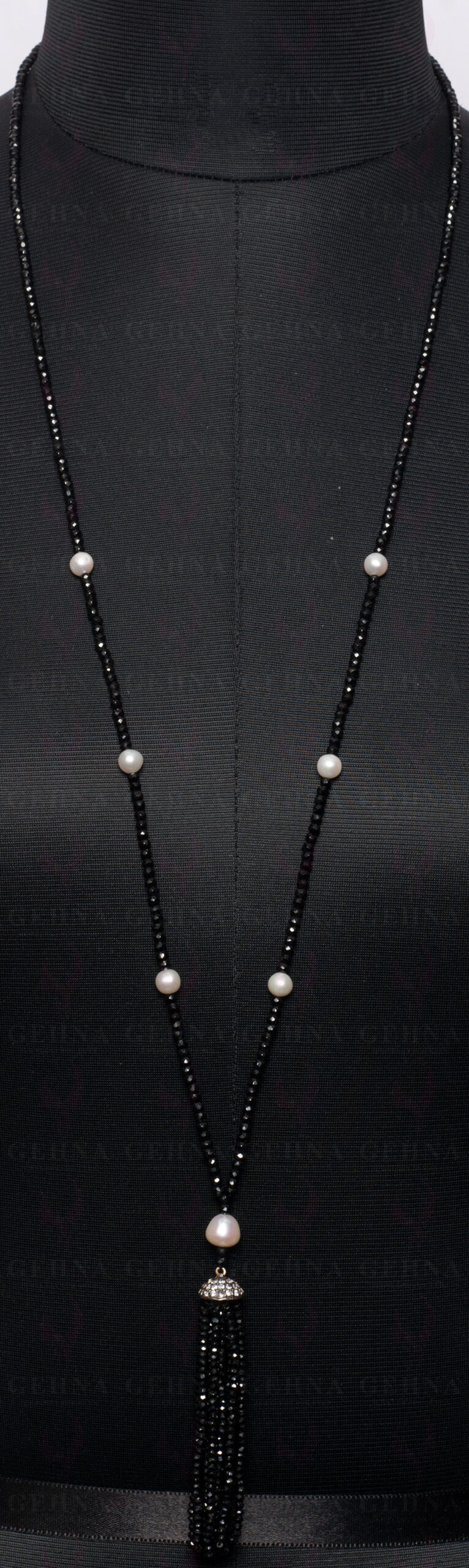 Pearl & Black Spinel Gemstone Faceted Bead Necklace NM-1104