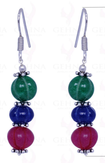 Emerald, Ruby & Sapphire Gemstone Melon Shape Earrings Made In Silver ES-1104