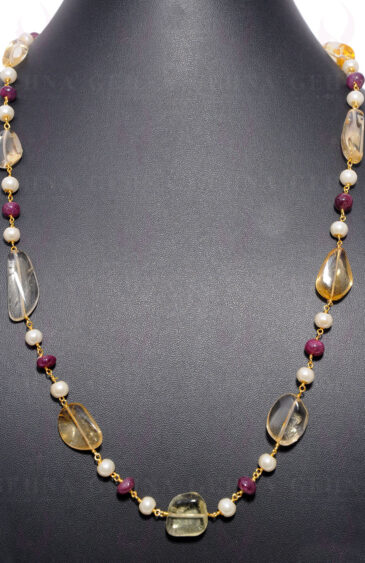 Pearl, Ruby & Citrine Gemstone Knotted Chain In .925 Sterling Silver Cm1105